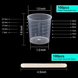 100 Pack 30ml/1oz Plastic Graduated Cups Transparent Scale Cups Plastic Measuring Cups Clear Epoxy Mixing Cups with 100 Pack Wooden Stirring Sticks for Resin, Epoxy, Stain, Mixing Paint (30ml)