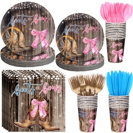 Romooa 168 Pcs Boots Bows Gender Reveal Birthday Party Supplies Boy or Girl Birthday Party Decorations, Cowboy Boots Pink Bows for Baby Shower Decorations