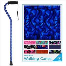 Nova Joy Designer Offset Walking Cane for Seniors - Unisex Adjustable Lightweight Aid with Foam Handle, Wrist Strap and Anti-Rattle Lock - Essential Mobility Support - Blue Waves