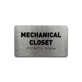 Mechanical Closet Sign by GDS - ADA Compliant, Raised Icons & Grade 2 Braille - With Adhesive Strips for Easy Installation - Signs for Offices, Businesses - 7"W x 4"H (Brushed Aluminum) - Made in USA