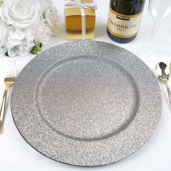 Efavormart Pack of 6-13" Round Silver Glitter Acrylic Plastic Charger Plates for Wedding, Outdoor Receptions, Banquets, Holiday Dinner plates Chargers