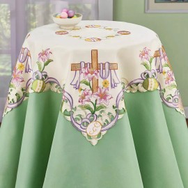 HDFL Embroidered Easter Cross Lilies Floral Cutwork Scalloped Square Table Cloth 34"
