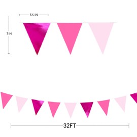 32Ft Ombre Hot Pink Pennant Banner Flag Metallic Pink Triangle Fabric Bunting Garland for Birthday Baby Shower Wedding Bachelorette Flamingo Pink Girl Party Decorations Home Nursery Classroom Decor