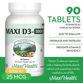 Maxi Health Vitamin D3 1000 IU Dietary Supplement - Easy to Swallow - Odorless & Tasteless - Supports Calcium Absorption, Immune Health and Bone Health in Adult Women & Men - 90 Tablets