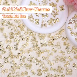 CESUSME 100 Pcs Metal Gold Bow Nail Charms Y2K, Alloy Nail Bows Charms for Nail Art, Bowknot Nail Art Jewels Charms for Nails Art Design DIY Accessories