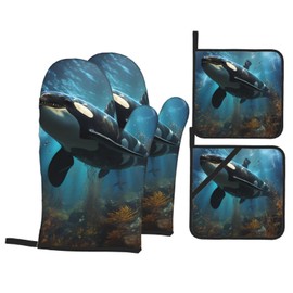 WHJSHOP Oven Mitts and Pot Holders Sets of 4, Waterproof Polyester Fabric Heat-Resistant Kitchen Baking Holders Huge Killer Whales Prints