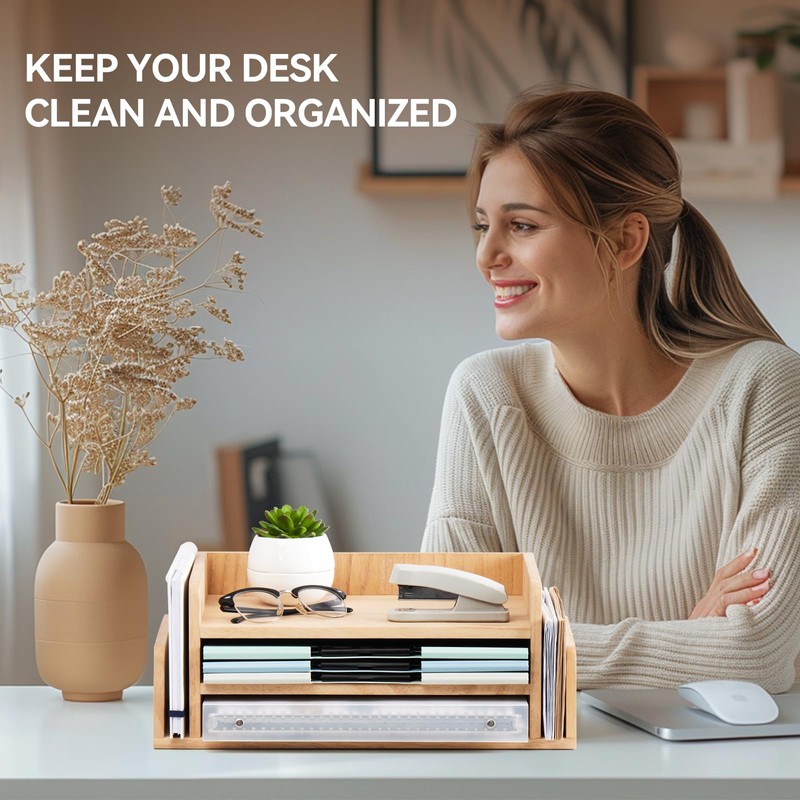 KIRIGEN Wood 3-Tier Office Desktop Document Tray - Mail Sorter