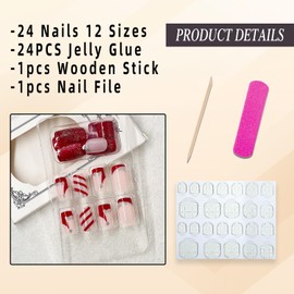 Jremg Christmas Press on Nails Short Square Fake Nails Glossy Red Santa Hat French Tip Glue on nails Red Silver Glitter Curve Lines False Nails Winter Xmas Full Cover Stick on Nails for Women 24Pcs