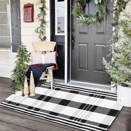 Buffalo Plaid Outdoor Rug Doormat 2' x 4.3', Black/White Checkered Front Porch Rug, Cotton Hand-Woven Welcome Layered Door Mats Carpet, Entryway, Kitchen, Farmhouse