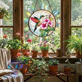Hummingbird Stained Glass Suncatcher,7.8 inch Hummingbird with Pink Ipomoea Flower Suncatchers for Windows Hanging, Bird Suncatchers for Garden Decor Hummingbird Gifts for Women Mom Gifts