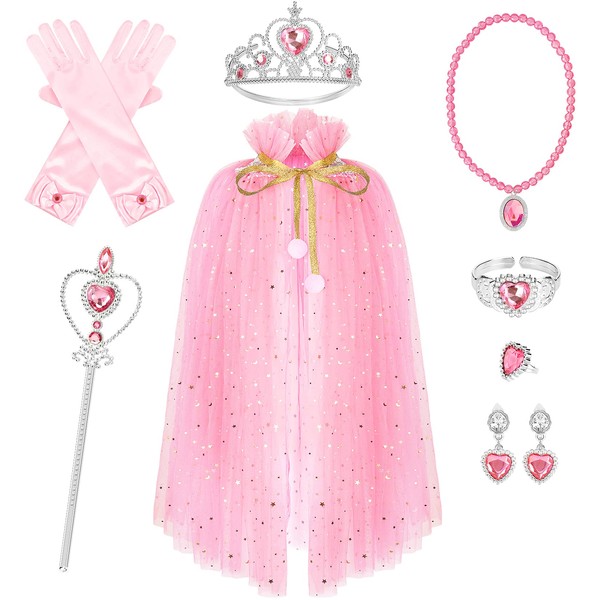 Hapgo Princess Cape Set 9 Pieces Girls Princess Dress Up Party Cosplay Cloak with Jewelry Tiara Crown Wand Gloves (Pink)
