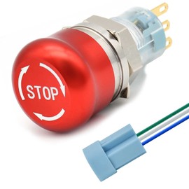16mm /0.63" Latching Emergency Stop Push Button Switch SPDT Mushroom Stainless Steel Red with Wired Socket 120V 12V 5V-220V (16MM Small Head 1NO 1NC)