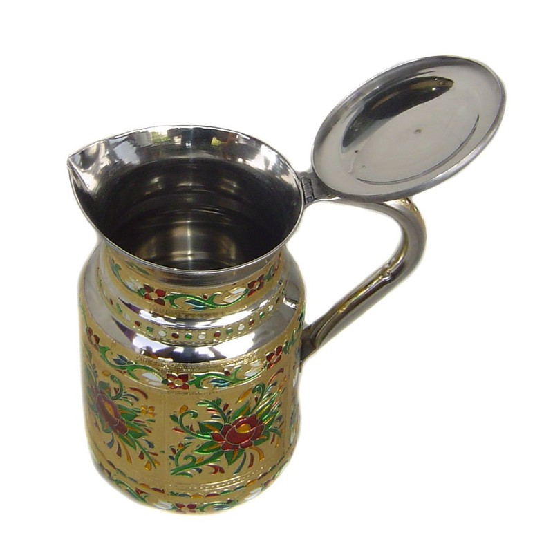 Indian Fine Stainless Steel Water Pitcher, Meenakari Decorative Jug, Table