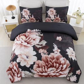 RYNGHIPY Floral Comforter Set King Size Botanical Flowers Leaves Bedding Comforter Sets Lightweight Fluffy Bed Set Pillowcases (Black Grey,King Size)