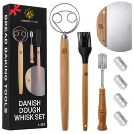 Danish Dough Whisk Set 4PCS – Bread Whisk, Dough Hook, Sourdough & Bread Making Tools Kit – Includes Wooden Bench Scraper, Bread Lame & Pastry Brush – Top Sour Dough Tools for Baking