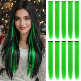 TOFAFA 22 inch Colored Hair Extensions Long Straight Hairpiece,Color Party Highlights Neon Green Clip in Synthetic Hair Extensions for Women Girls Cosplay Gift(10 PCS Green)