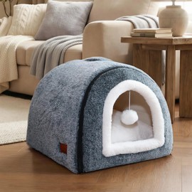 OMIVIER Cat Bed for Indoor Cats,2-in-1 Convertible Cat Bed & Cave,Foldable Washable Cat House,Soft and Thick Removable Inner pad, Anti-Slip Bottom,cat Tent for Kittens,Cats & Small Dogs,Dark Grey