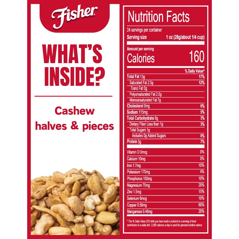 Fisher Snack Cashew Halves and Pieces, 24 Ounces, Roasted with