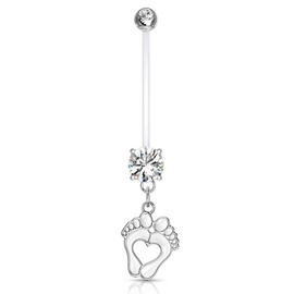 Forbidden Body Jewelry 14G 1" Pregnancy Bioflex Adjustable & Flexible Dangle Baby Feet CZ Maternity Belly Button Ring, Bioflex, cubic-zirconia