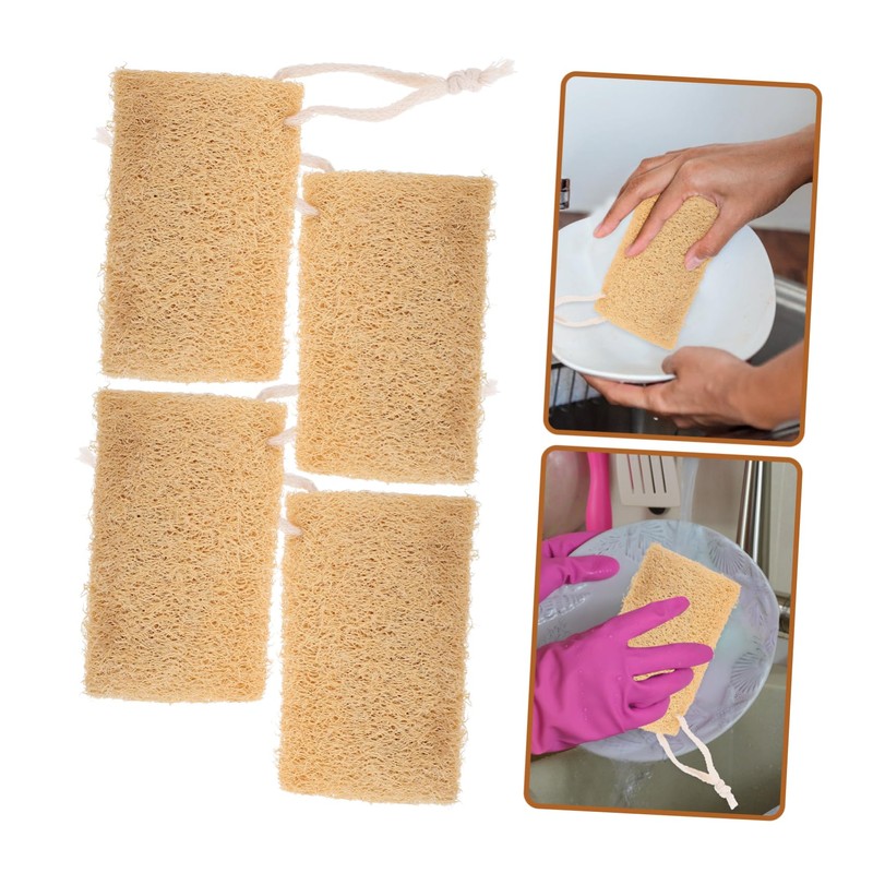 KOMBIUDA 4Pcs Natural Loofah Dish Scrubber Multi Functional Cleaning Sponge