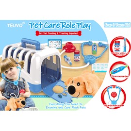 TEUVO Pet Care Play Set for Kids Doctor Kit for Treating and Feeding Plush Puppy Dog Vet Kit , 29Pcs Kids Veterinary Kit Pretend Play Educational Toys Gift for Toddlers Boys and Girls 3-7 Years Old