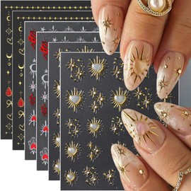 6Pcs Glitter Star Nail Stickers 5D Self Adhesives Rhinestones Design Stars Heart Nail Decals Aurora Gold Silver Red Snake Sun Moon Bow Nail Decoration Metallic Star Nail Art Stickers for Nail Supplies