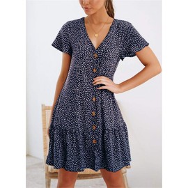 Imysty Womens Polka Dot V Neck Button Down Ruffles Loose Mini Short T-Shirt Dress
