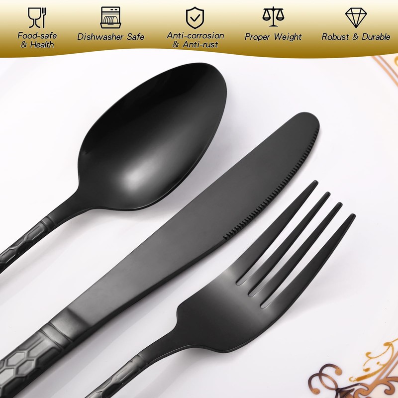 30 Pcs Black Hammered Silverware Set Service for 6,with Steak