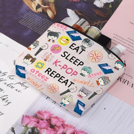 CMNIM Korean Group Singer Merch,K-Pop Makeup Bag,Eat Sleep K-Pop Repeat Travel Pouch,K-Pop Merchandise Gift, Bangtan StrayK Pink Jeans It-y TWI-e Atee- TomorrowXT Merch (Atee- K-Pop Repeat MB)