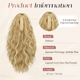 SOFEIYAN Ponytail Extension, 16 inch Claw Clip Ponytail Extension Wavy Curly Ponytails Synthetic Pony Tails Hair Extensions Natural Fake Hairpiece for Women - Dark Ash Blonde Mixed Bleach Blonde