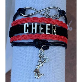Cheer Charm Bracelet- Girls Infinity Love Adjustable Cheerleading Jewelry in Team Colors For Cheerleader (Red/Black)