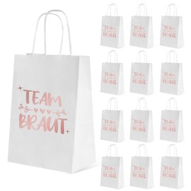 MoguGo 12x Geschenk Tüten JGA Frauen – Team Bride Geschenktüten 15x8x21cm mit Henkel aus Papier – Junggesellenabschied Tüten für Hochzeit, Deko & Mitgebsel
