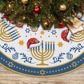 EKOREST Hanukkah Christmas Tree Skirt 36 Inches, Candlestick with Hat Pencil Tree Skirt, Winter Xmas Tree Mat for Home Party Holiday Decorations