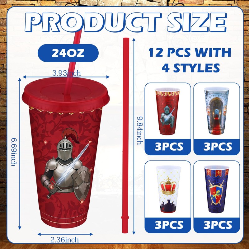 Patelai 12 Pcs Medieval Plastic Tumbler with Lids and Straws