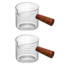 Double Spouts 150ML /5OZ Measuring Triple Pitcher Milk Cup with Wood Handle Espresso Shot Glasses Parts Clear Glass Set of 2 pieces