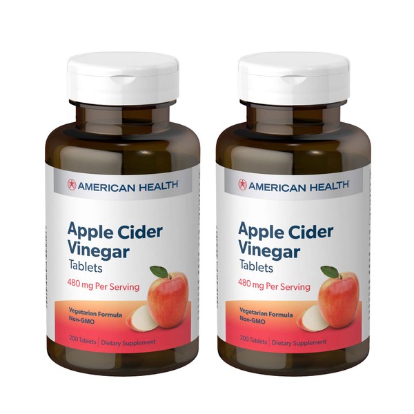 American Health Apple Cider Vinegar Tablets (2 Pack) - Balanced Diet and Exercise Program Support, No Tart Vinegar Taste - Non-GMO, Gluten-Free, Vegetarian - 480 mg, 200 Count - 200 Total Servings