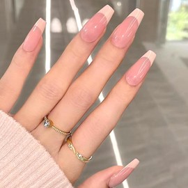 RUPOFUZA French Tip Press on Nails, White French Tip Nails, Soft Gel Pink Long Square Nail Tips False Nails 150pcs -15Sizes Artificial Fake Nails Stick on Nails for Women DIY Manicure