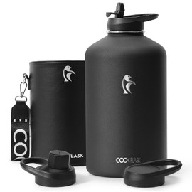 Coolflask 128 oz Water Bottle Insulated with PU Leather Sleeve, Gallon Water Bottle Color Contrast with Straw Lids, Stainless Steel Metal Large Water Jug, Keep Cold 48h Hot 24h,Polar Black