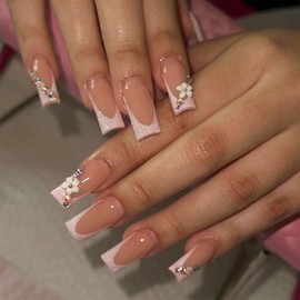 Press on Nails Medium Long 3D Flower Fake Nails Press ons Pink French Tip Square Bling Glossy Rhinestone False Nail Tips Artificial Nails Manicure Glue on Nails for Women Girls 24 Pcs