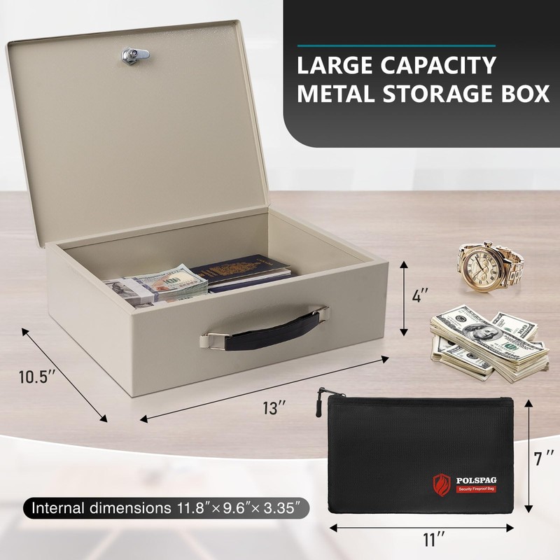 Polspag Fireproof Document Box with Key Lock & Fireproof Money