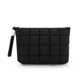 DOB SECHS Puffer Quilted Makeup Bag with Handle Detachable Women Cute Puffy Cotton Cosmetic Bag, Small Toiletry Zipper Make Up Pouch Purse, Checkered Storage Organizer Clutch Bag Travel Case, Black