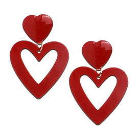 Sonateomber Double Red Hearts Dangle Drop Earrings for Women Teen Girls - Statement Love Big Heart Dangling Trendy Lightweight Sparkle Costume Prom Wedding Jewelry Gift