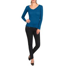 J. LOVNY Womens Basic Jersey Cotton Wide V-Neck Longsleeve Casual T-Shirts