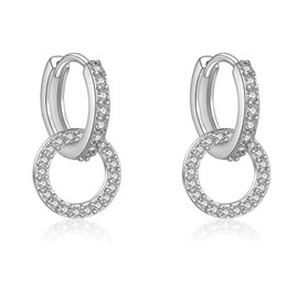 Fcebsty Earrings 925 Silver Hanging for Girls, S925 Sterling Silver Earring Double Hoop with Zirconia, Double Circle Hoop Earrings Jewellery for Wedding Gifts for Women, Sterling Silver, Cubic