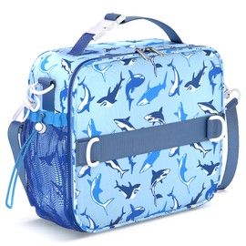 YOLAY Kids Lunch Bag, Double Insulated Lunch Bag Kids Girls Boys, Durable, Spacious with Zippered Pocket, Adjustable Straps & Handles, Bento Lunch Bag for School & Outdoor - Sharks (Large)