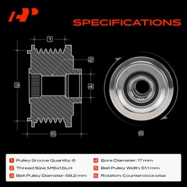 A-Premium Alternator Freewheel Clutch Pulley Compatible with Land Rover Range Rover Evoque 2012-2016, Discovery Sport 2015-2018, LR2 2013-2015, 6 Grooves Counterclockwise