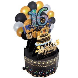 Vsosfiza 16.Pop Up Geburtstagskarte,Schwarze Gold Grußkarte 16er Geburtstag 3D Popup Karten Glückwunschkarte mit Umschlag Frauen Männer Geschenkideen