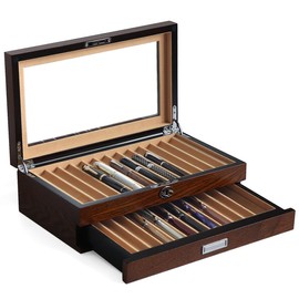 Bonaking Pen Display Case with 24 Pen Slots, Fountain Pen Display Case, Wood Pen Storage Organizer, Pen Display Box for Men Gift, Pen Case with Glass Window(brown ash veneer finish, camel velvet)