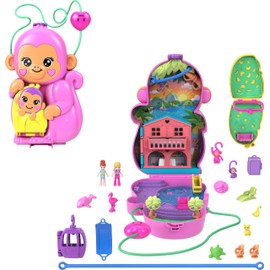 Polly Pocket Dolls & Playset with Pets & 13 Accessories, 2-in-1 Momma Monkey & Baby Wearable Purse & Animal Toy
