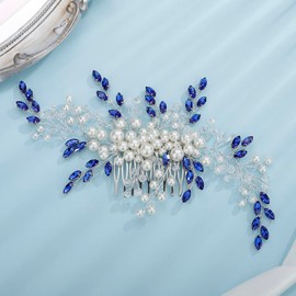 Teyglen Bridal Hair Comb Crystal Rhinestones Pearl Hair Piece Wedding Side Hair Comb Luxurious Hair Accessories for Brides Women Girls (Royal blue)